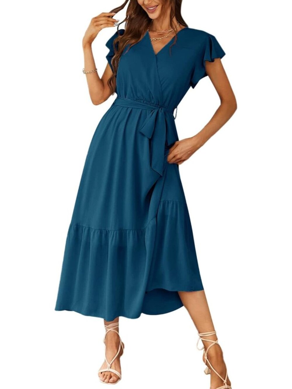 Women's Lake Blue Summer Short Sleeve Wrap V Neck Floral Boho Guest Maxi Dress